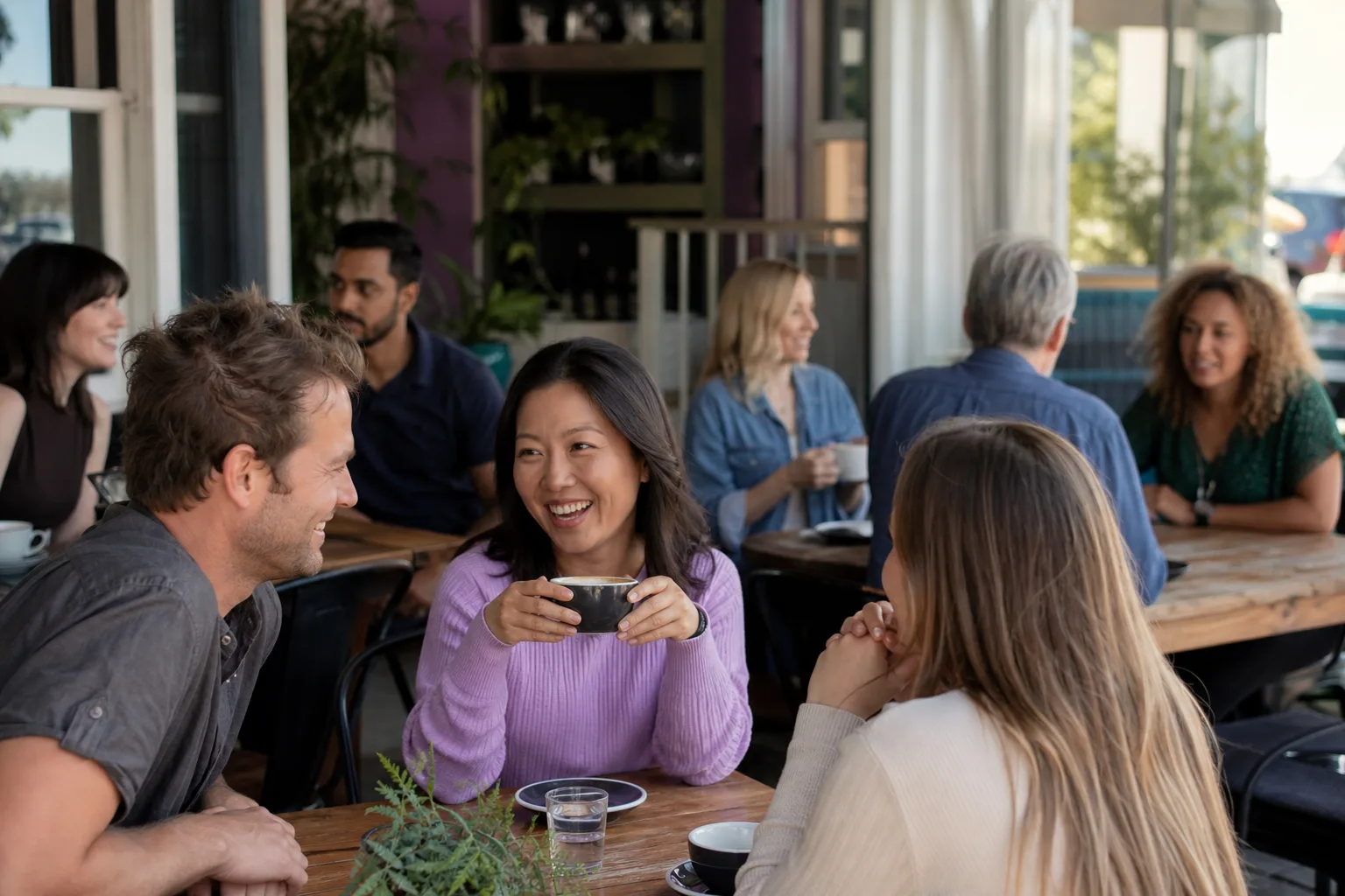 Two people talking over coffee in a Suffolk market town