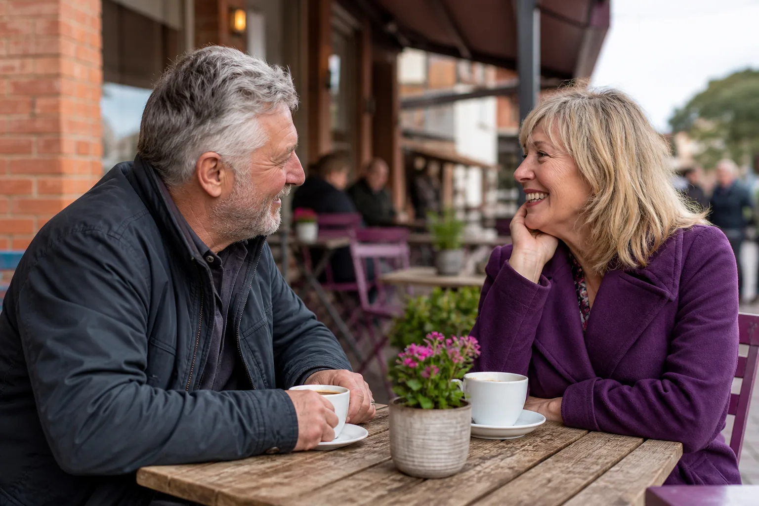 Mature couple talking over coffee in a Suffolk market town