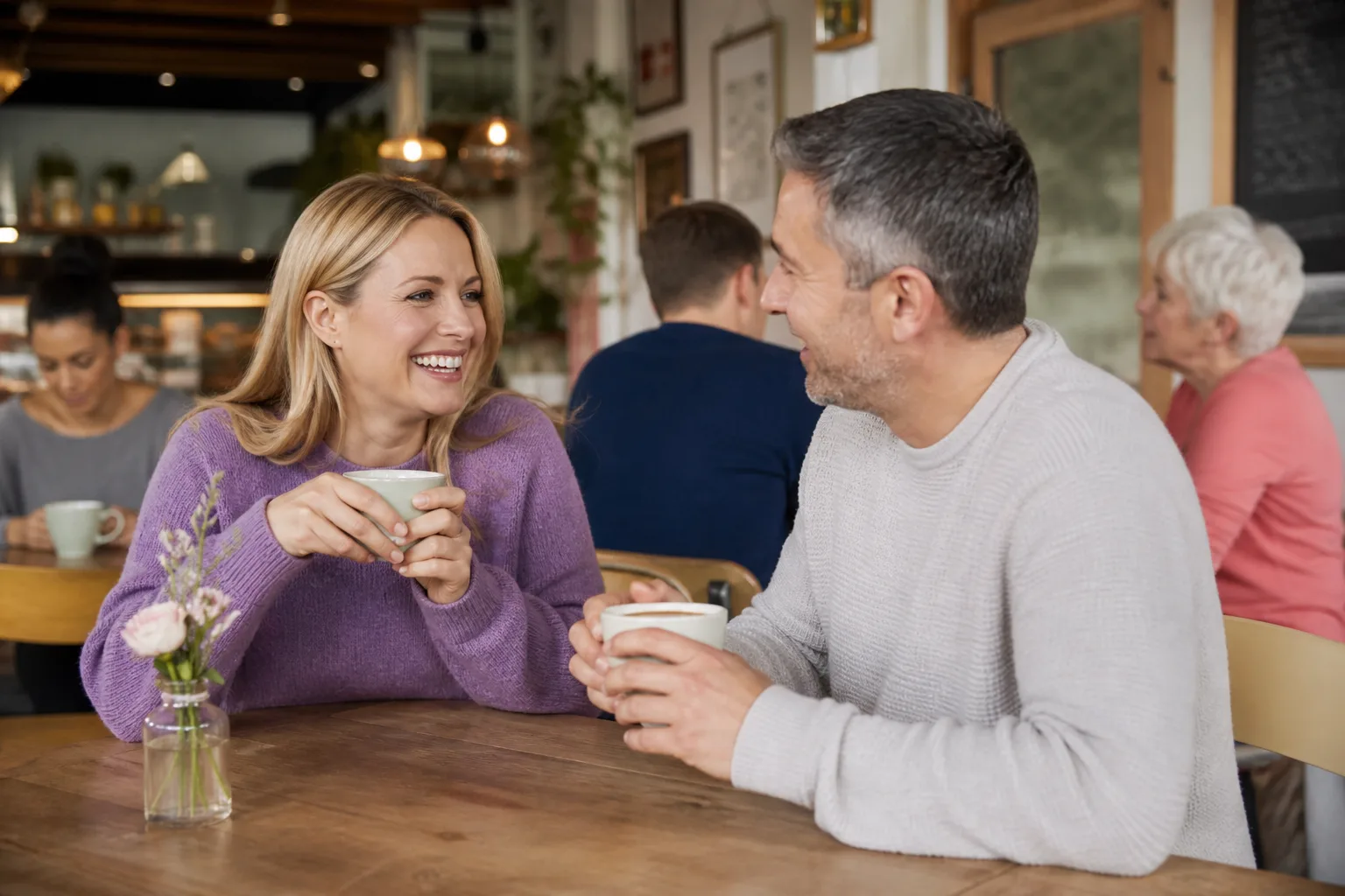 Two people talking over coffee in a Suffolk market town