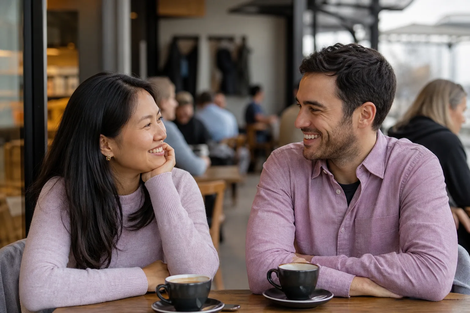 Two people meeting for coffee in a Suffolk town centre