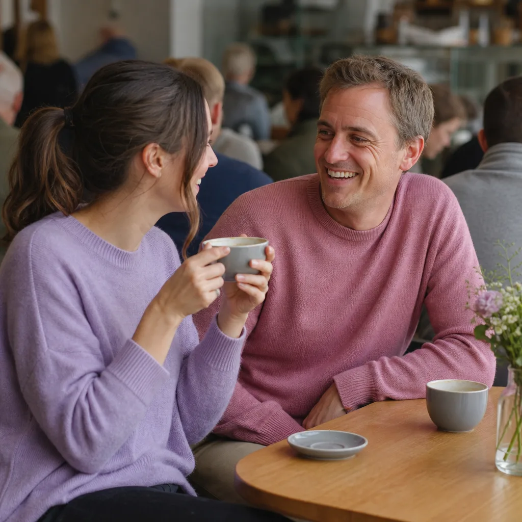 Two adults meeting at a busy daytime café in a Suffolk town centre