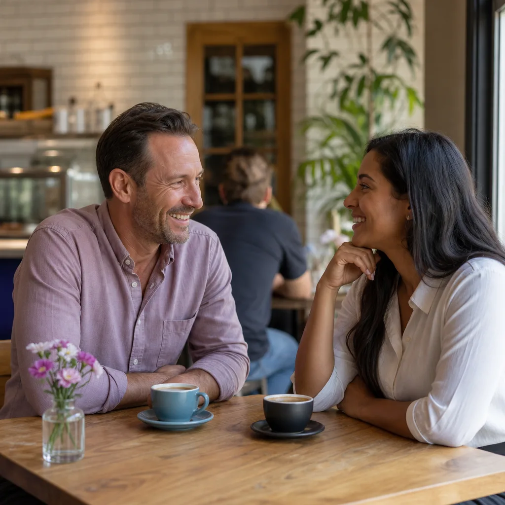 Two adults talking at a relaxed first meeting in a public café