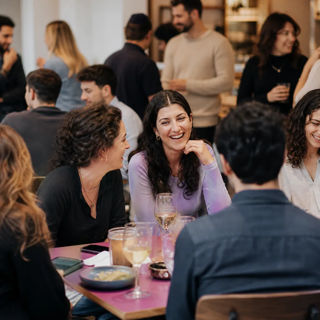 Jewish singles talking across a table at an organised dinner