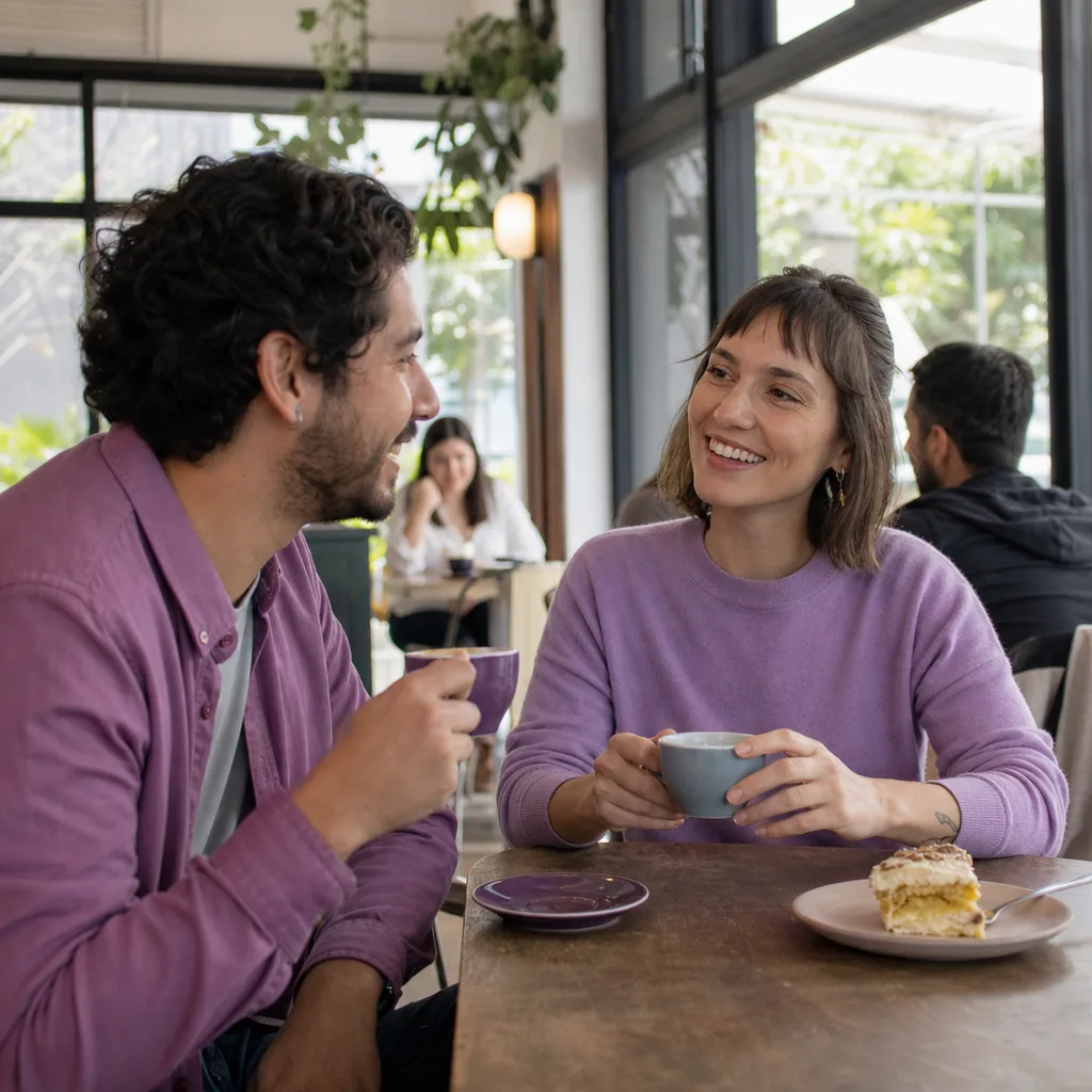 Two adults meeting in a busy café near the Suffolk coast
