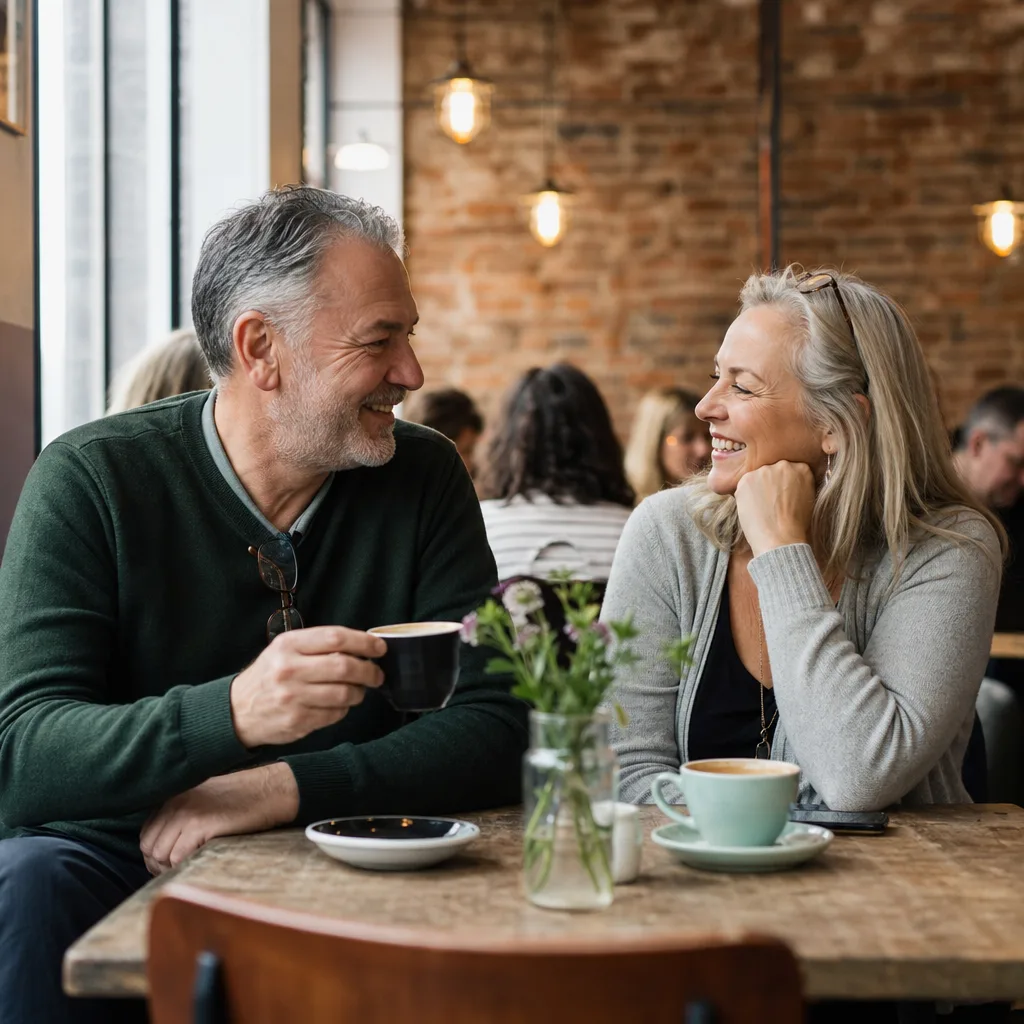 Mature couple meeting at a busy café in a Suffolk town centre