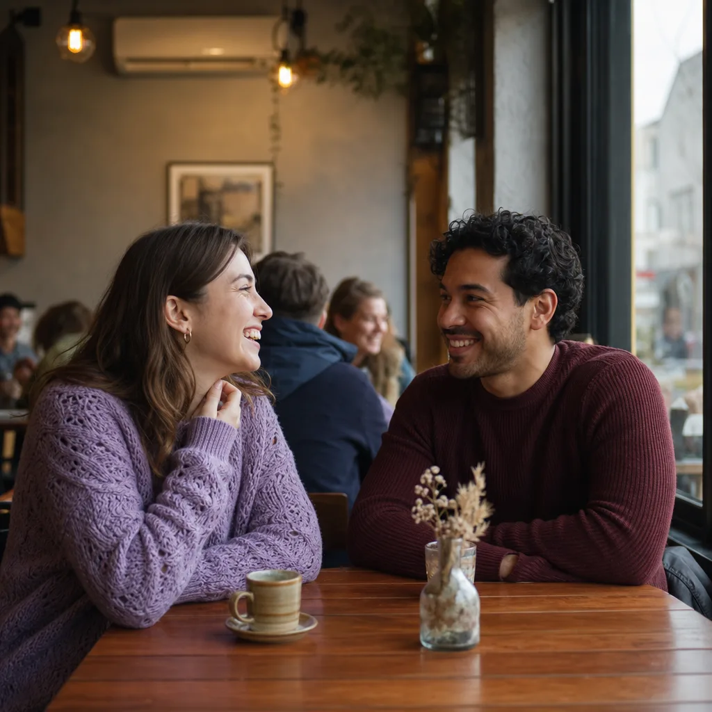 Two people having coffee at a table in a Suffolk market town