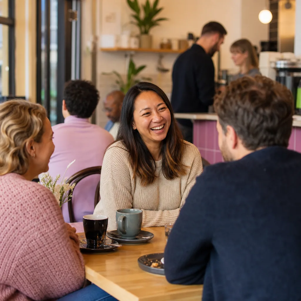 Two adults having a first meeting at a busy Suffolk café