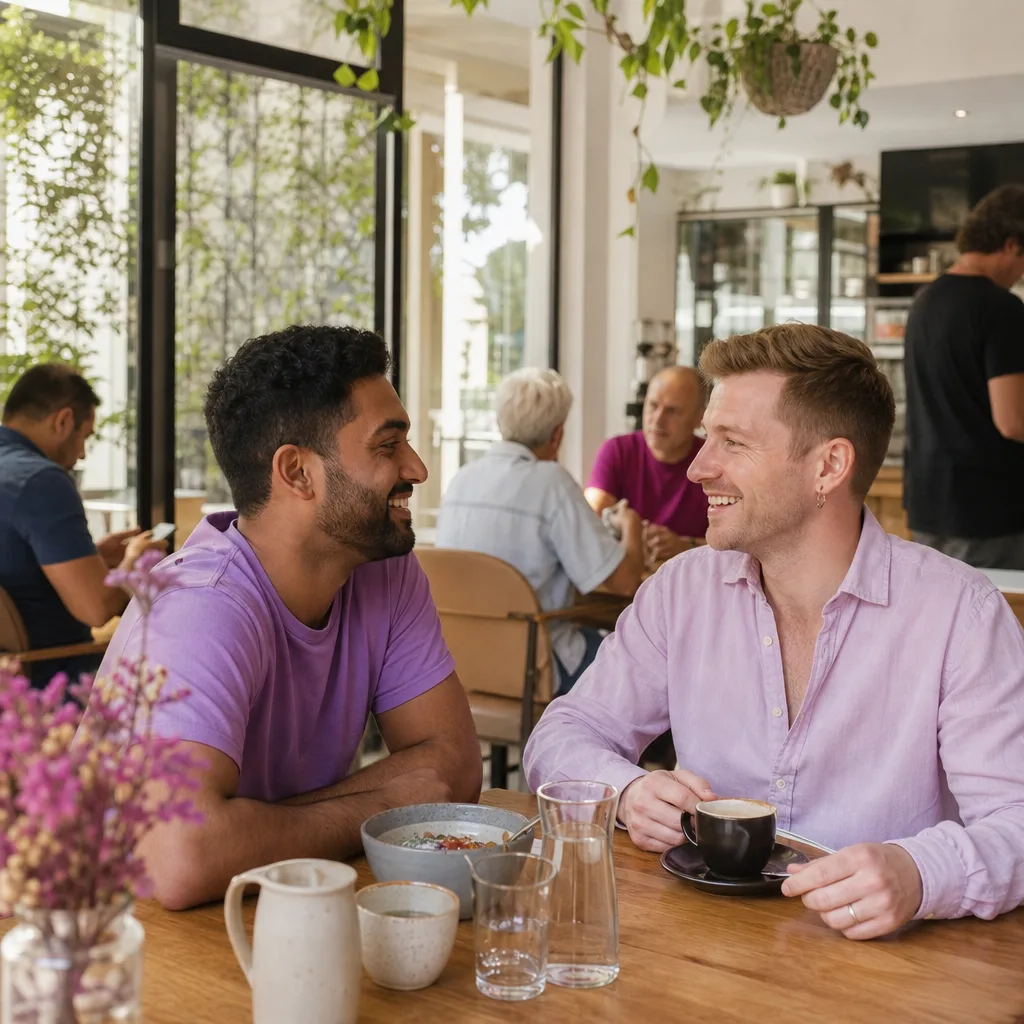 Two men meeting in a busy public café in Newmarket